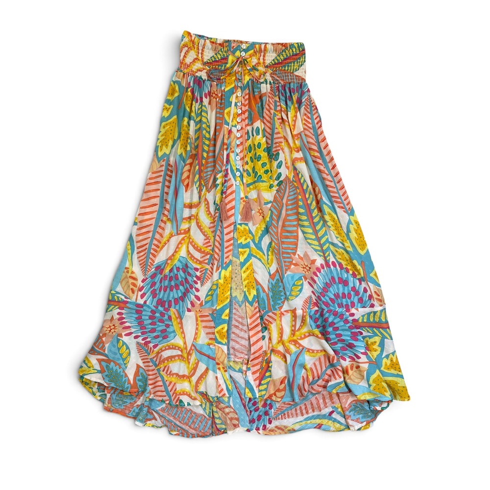 Christian Siriano Tropical Floral Smocked Button Front High Low Maxi Skirt M - Picture 13 of 16